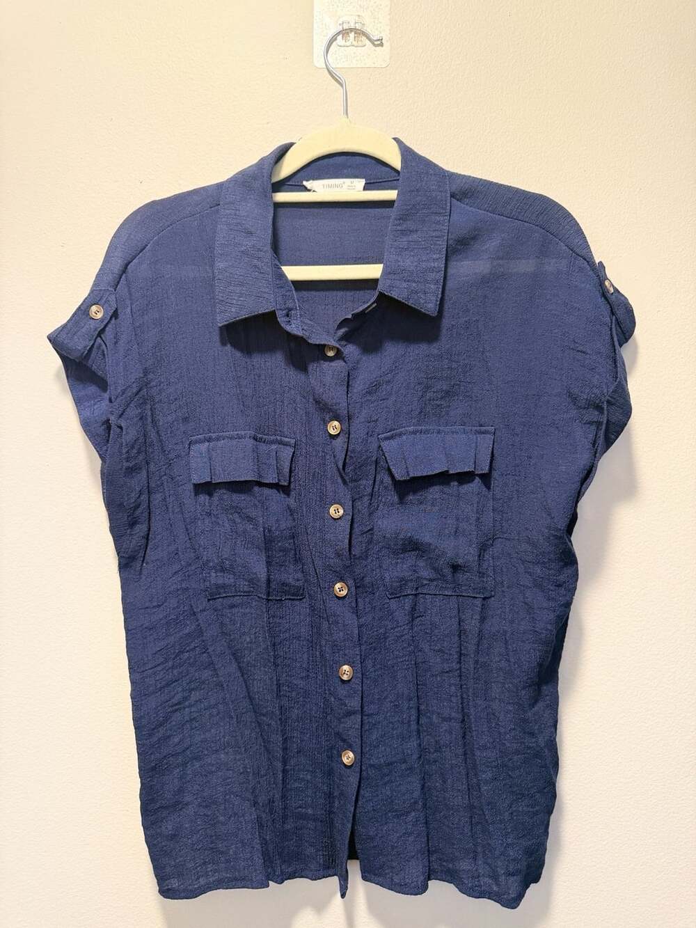 TIMING Short Sleeve Button Up Shirt Size M Navy Blue Pocket Casual Top